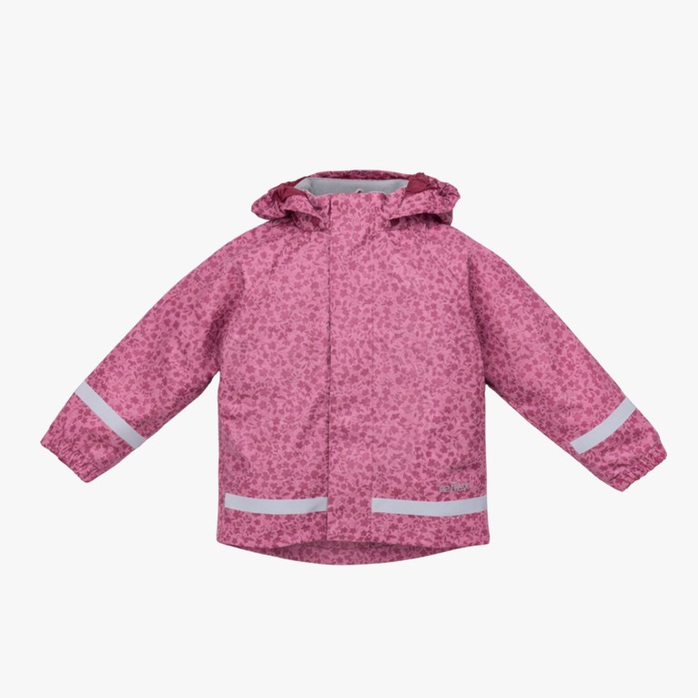 Rosa mønstret barnejakke med hette og refleksbånd på ermer og nederkant.