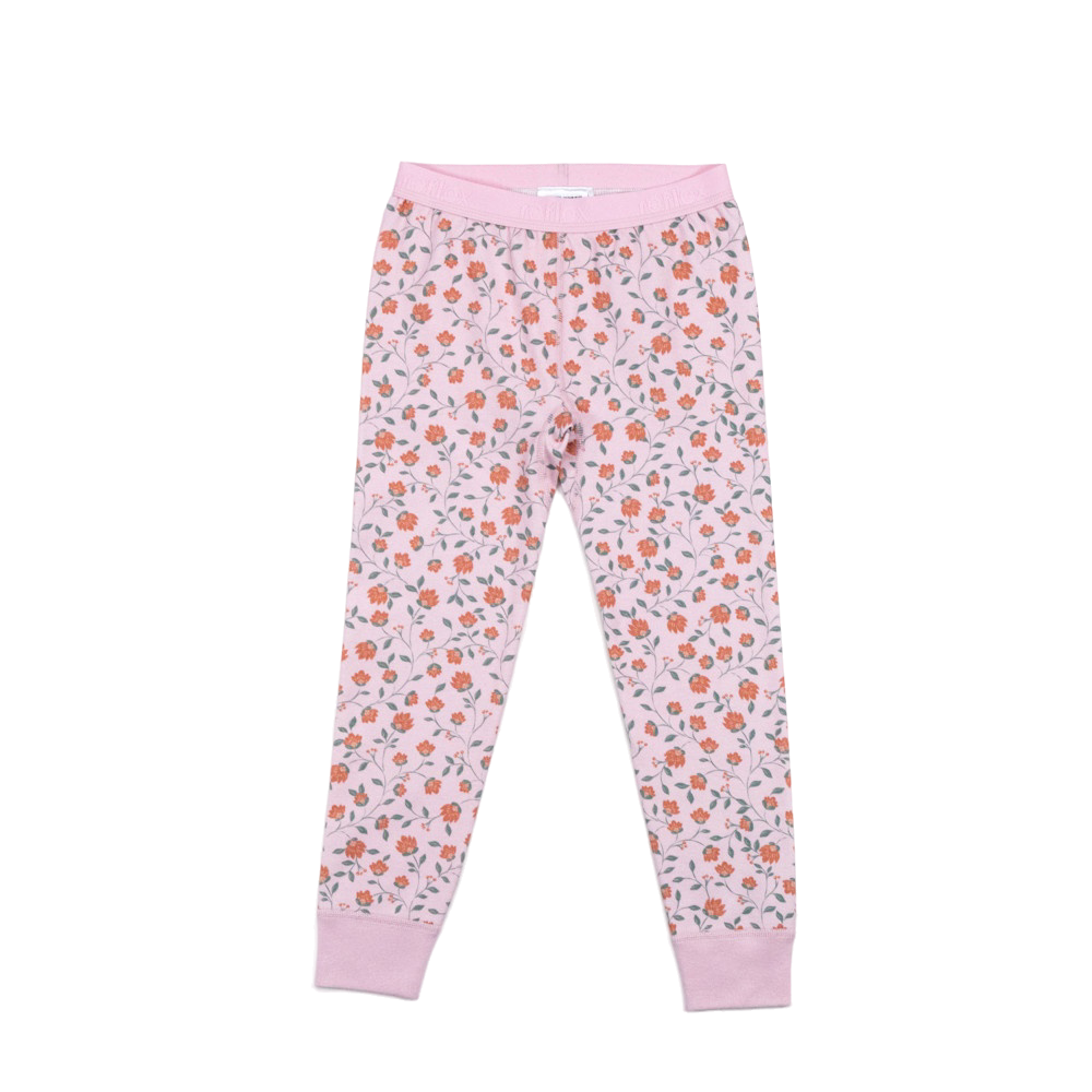Barns lysrosa leggings med blomstermønster, oransje blomster og grønne blader, ribbestrikkede mansjetter og midje, forfra.