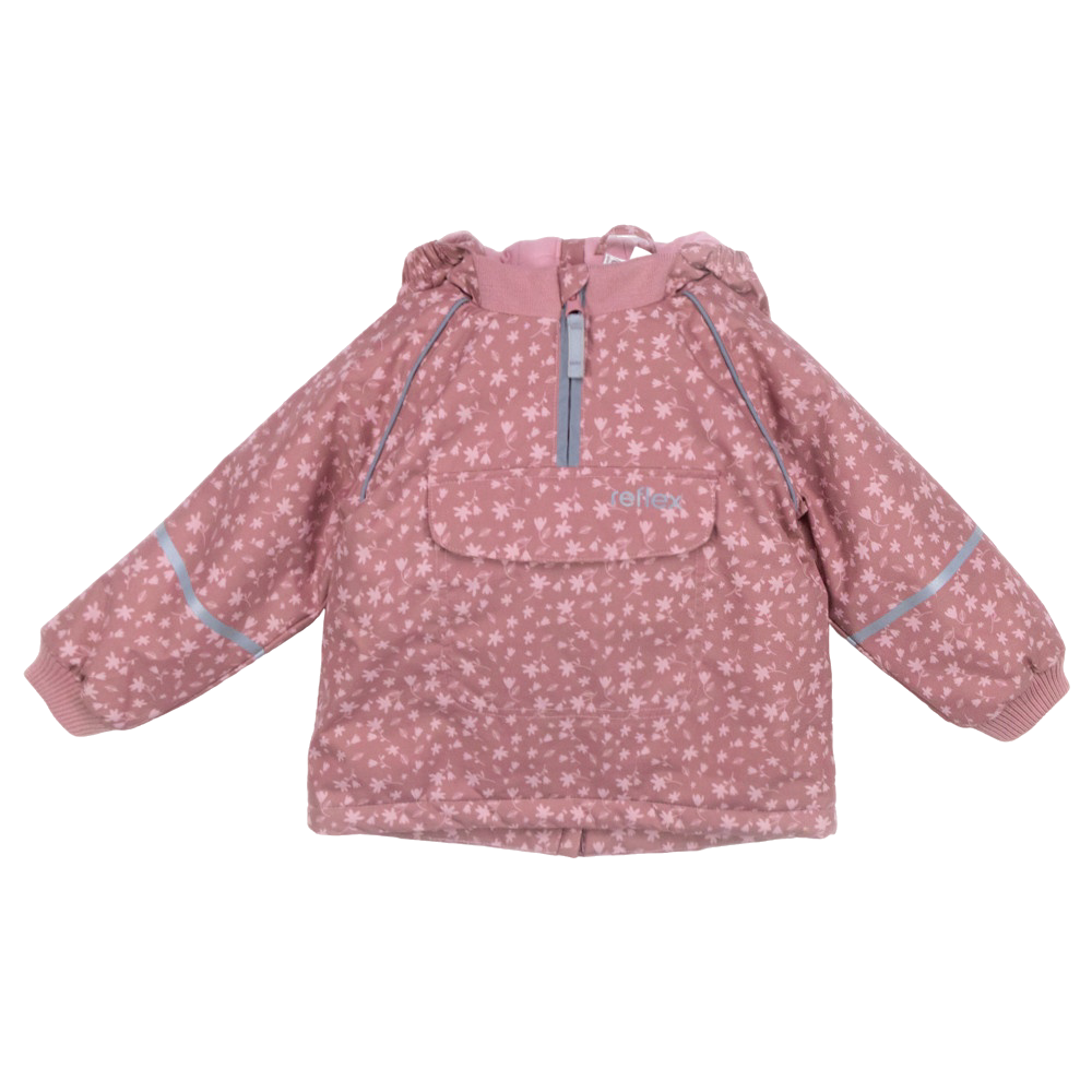 Barn rosa blomstret anorakkjakke med hette, halv glidelås, frontlomme og refleksstriper på ermene.