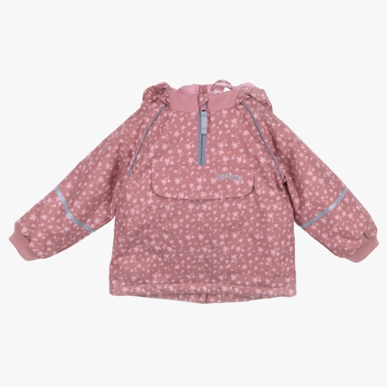 Barn rosa blomstret anorakkjakke med hette, halv glidelås, frontlomme og refleksstriper på ermene.