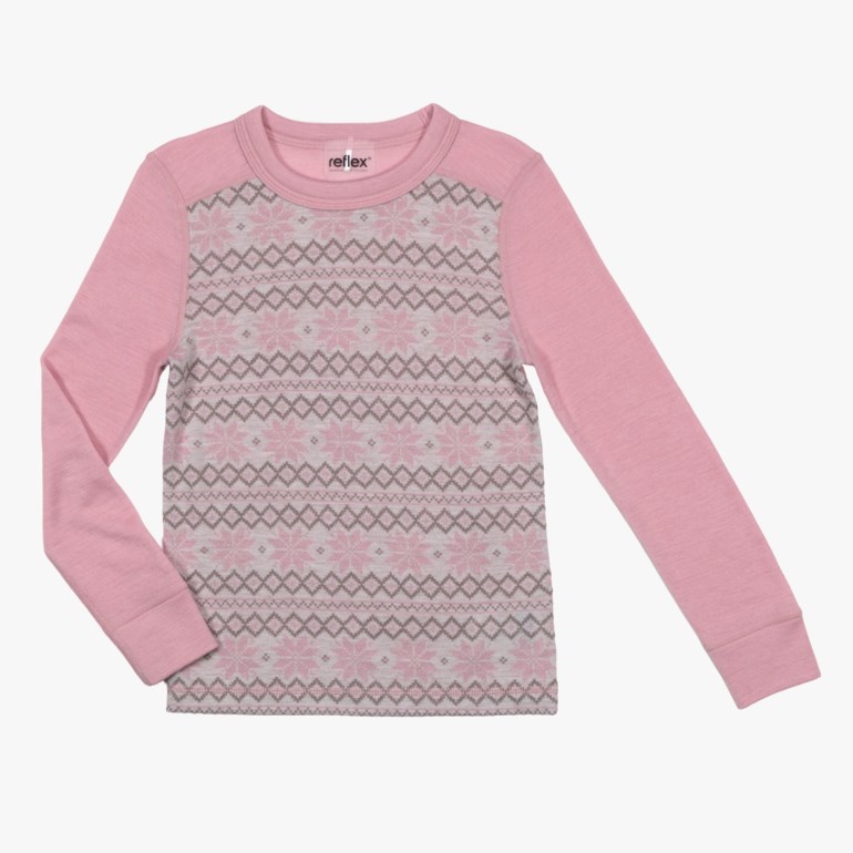Barns rosa langermet topp med grått og rosa fair isle-mønster på kroppen.