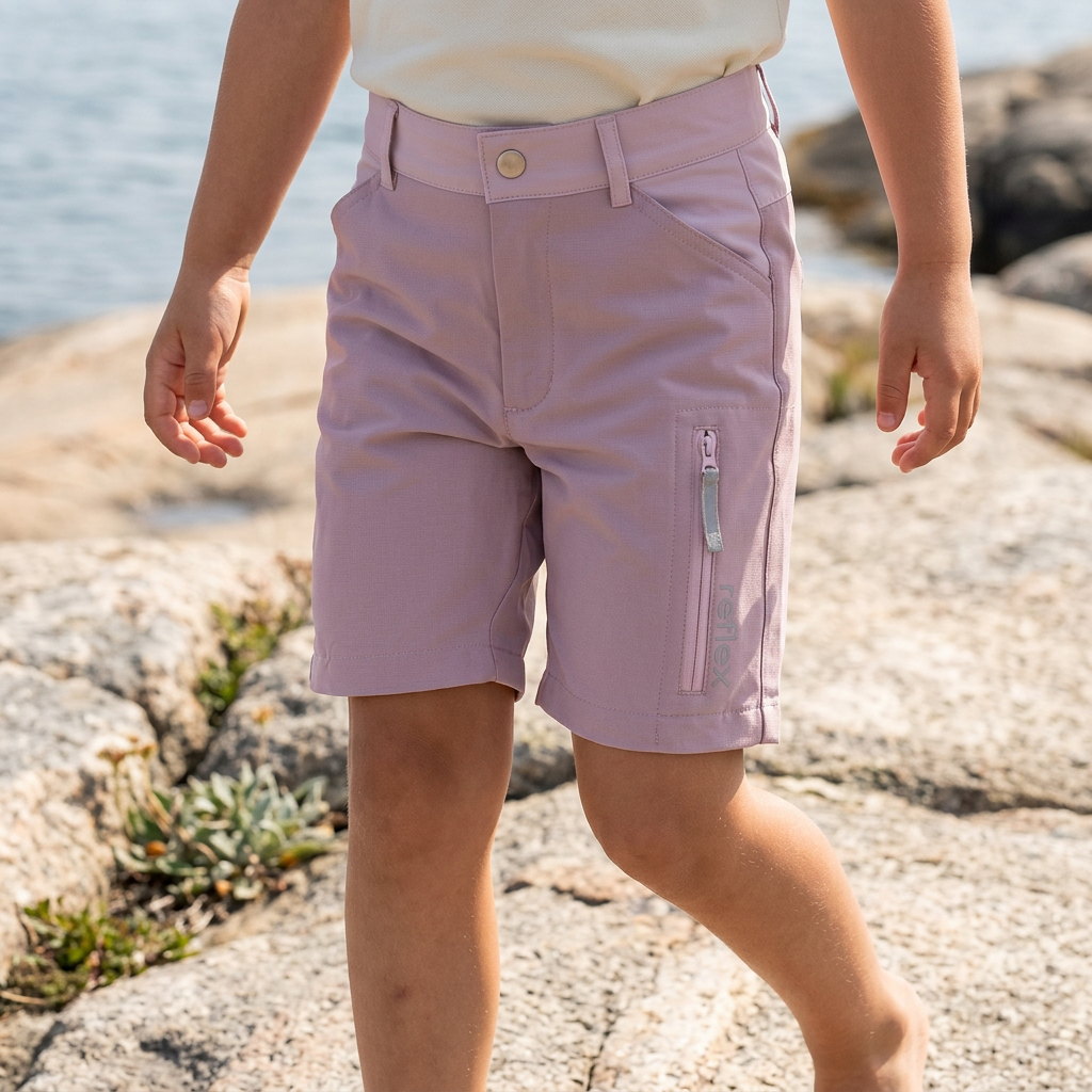 Barnets lilla shorts med knappelukking og en glidelåslomme på benet, kombinert med en lys beige topp.