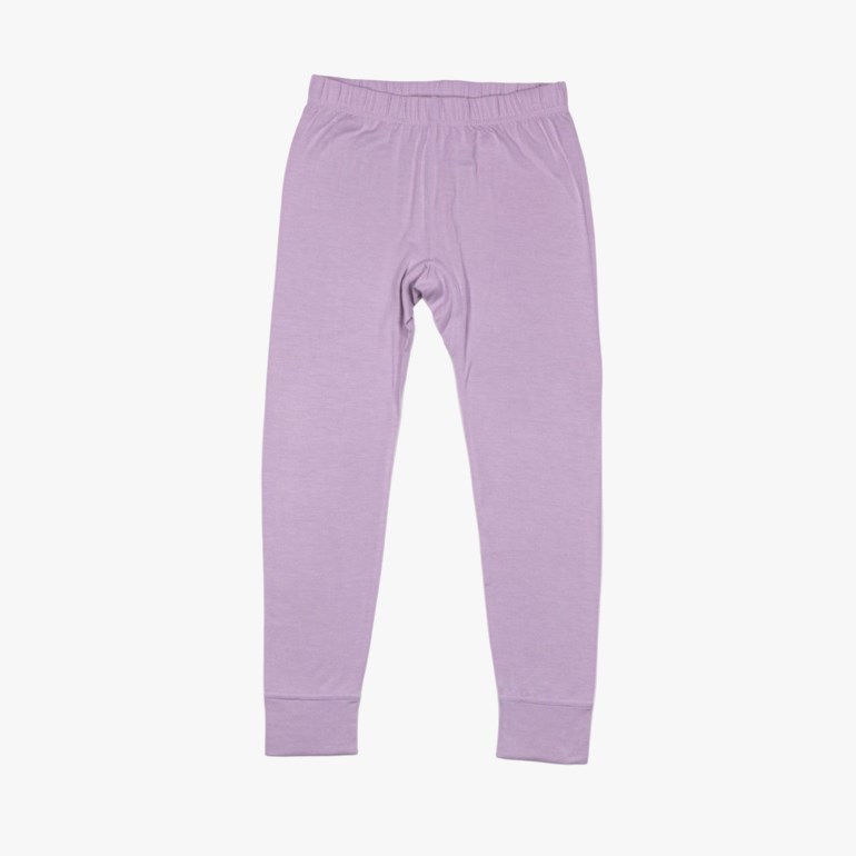 Lilla leggings med elastisk midje og mansjetter ved anklene, vist flatt, forfra.