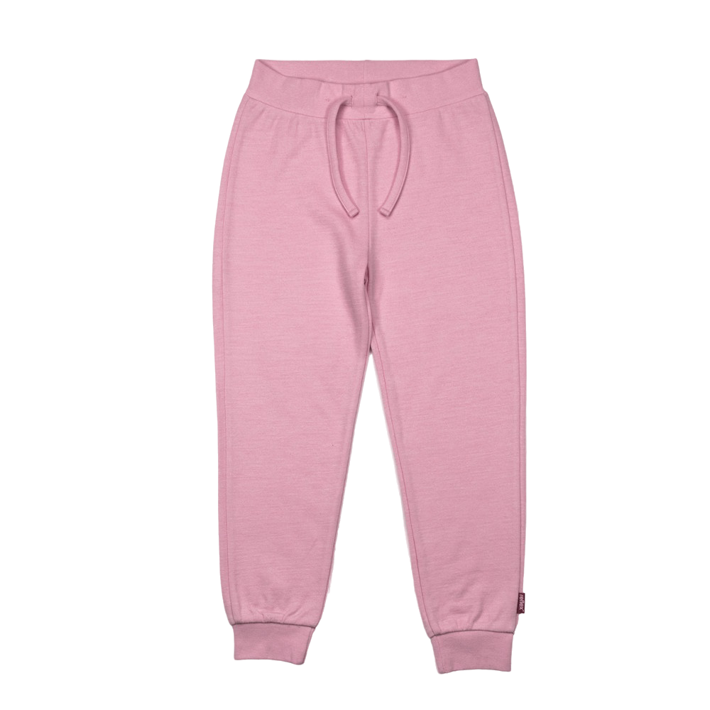 Frontutsikt av rosa barne-joggebukse med snøring i midjen og ribbestrikkede mansjetter ved anklene.
