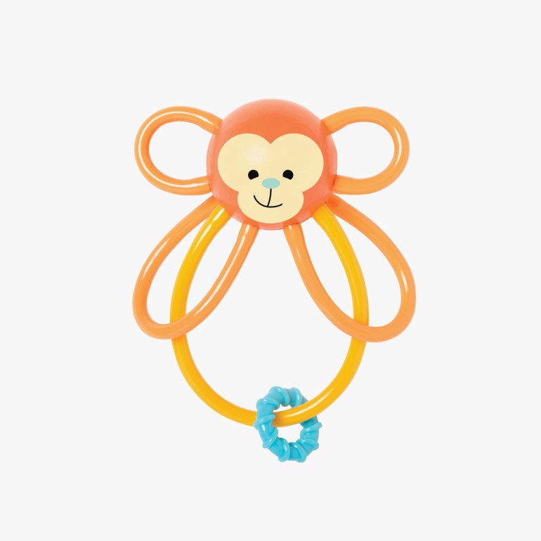 Rangle med oransje apehode, fleksible oransje og gule lemmer, gul ring og liten blå teksturert ring.