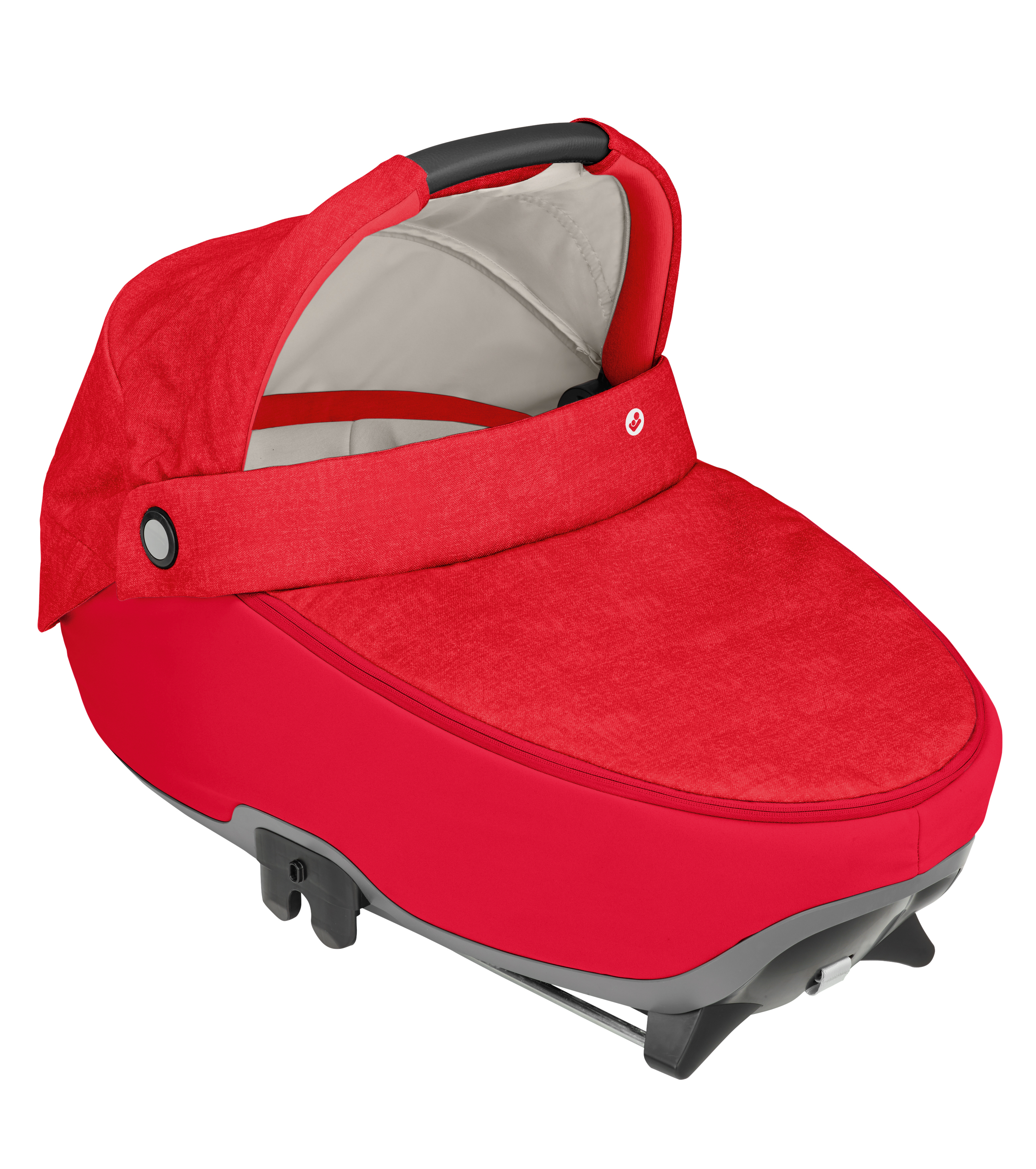 Rød baby bag med teksturert stoff, justerbar kalesje og grå basekomponenter.