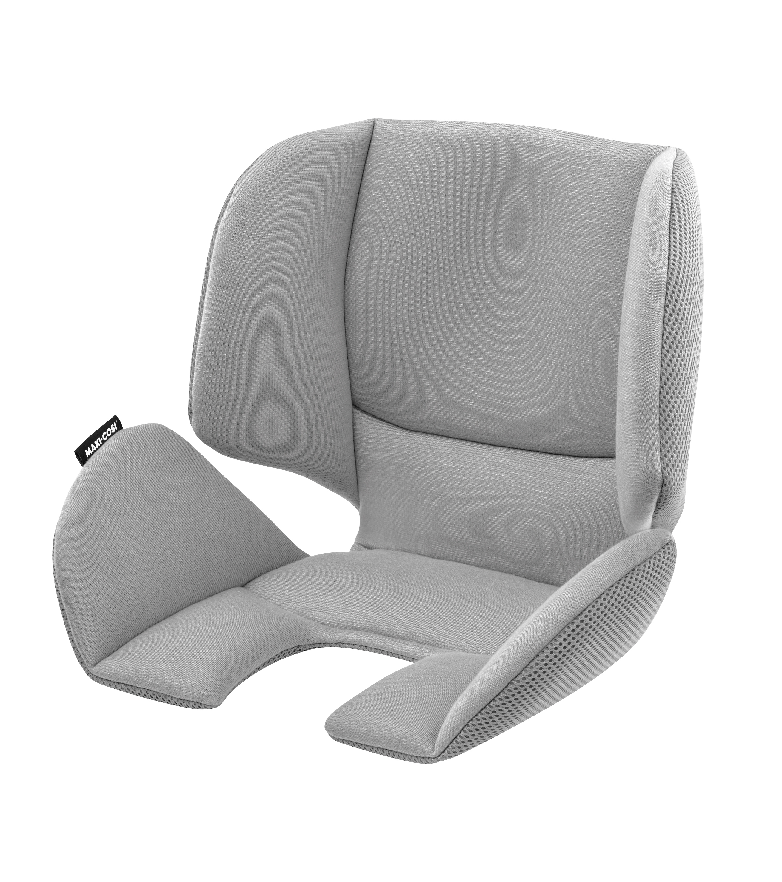 Grå polstret babyseteinnlegg med netting sider og U-formet design.