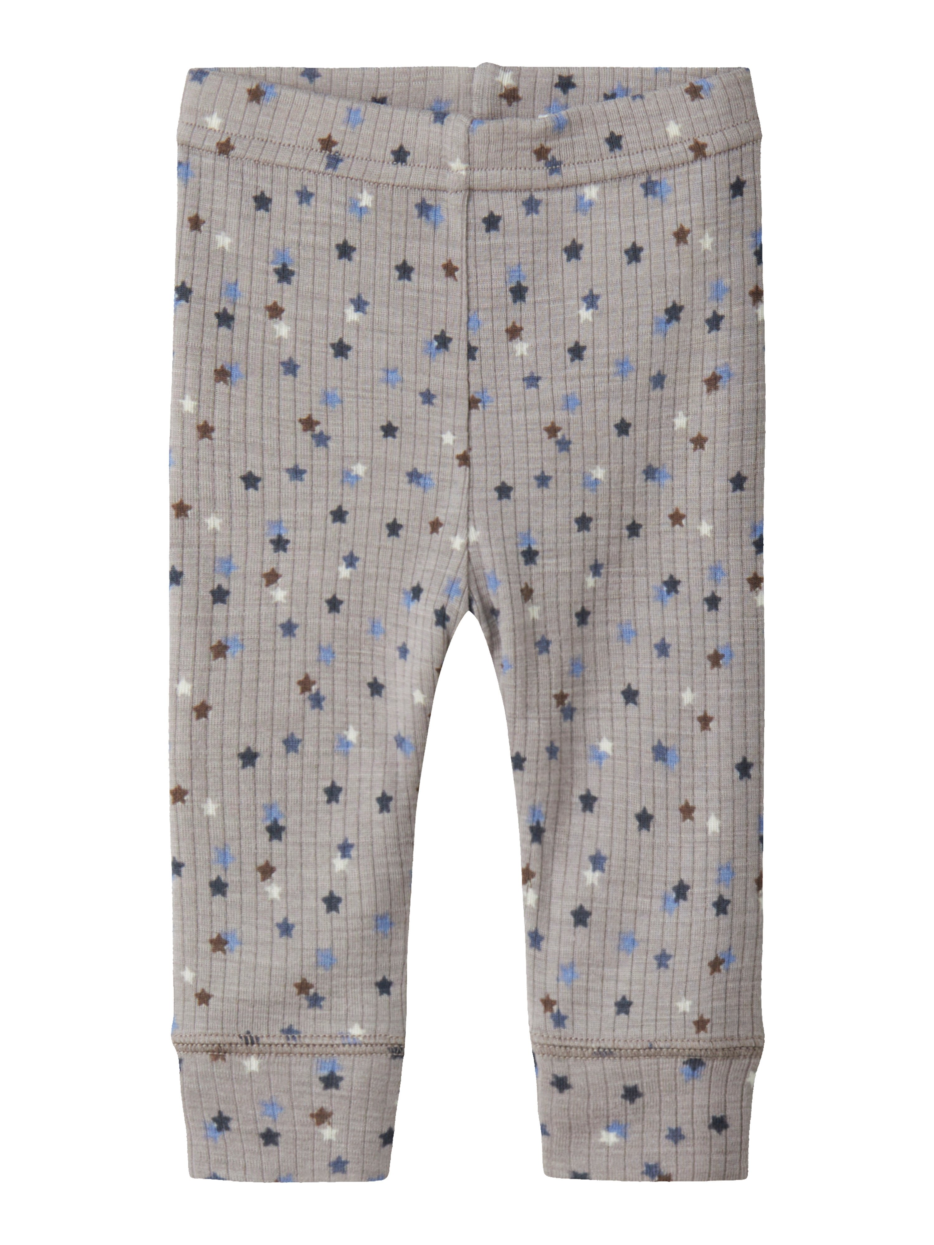 Frontbilde av ribbet beige babyleggings med spredt blått, brunt og hvitt stjernemønster.