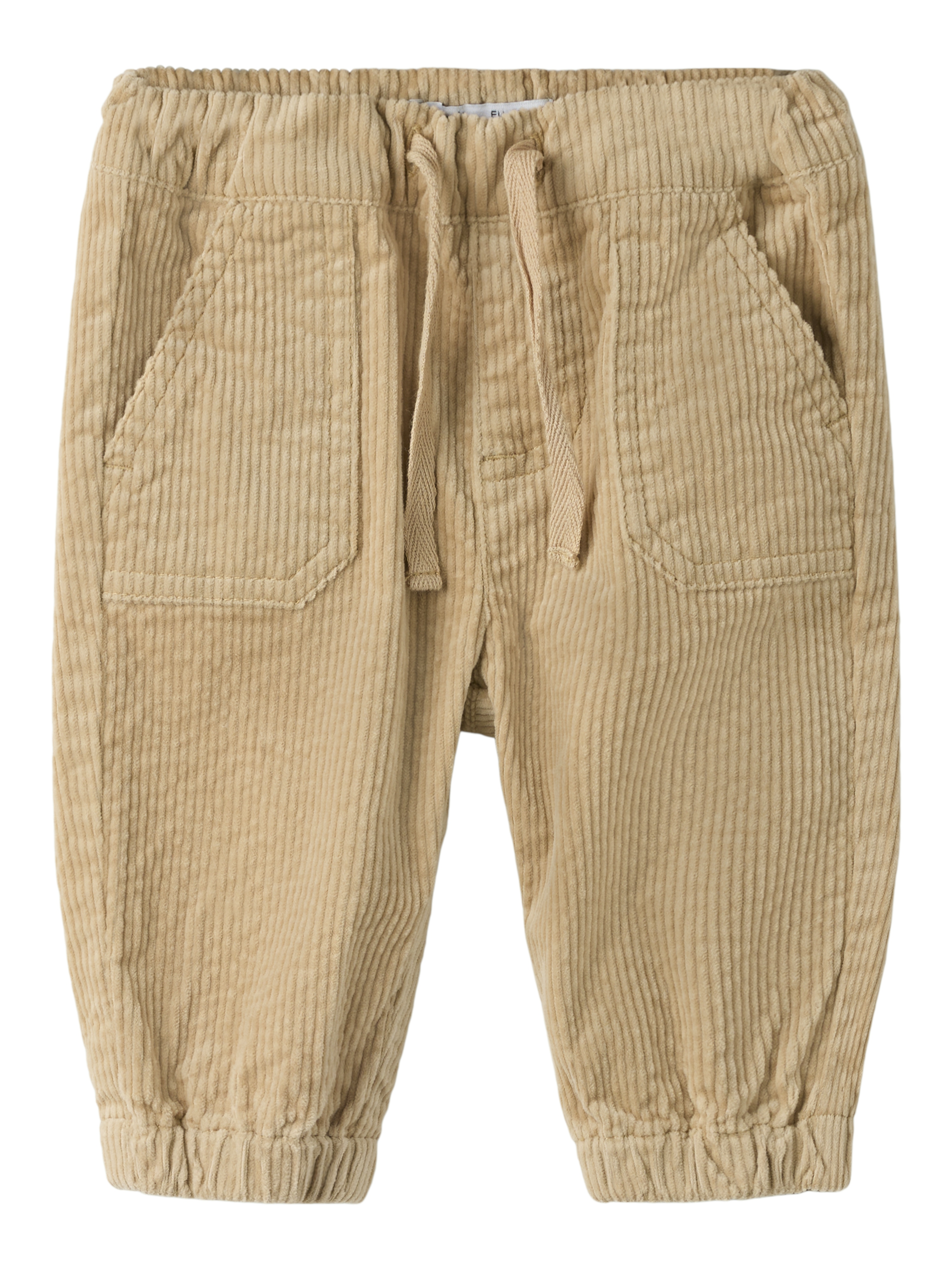 Barns beige kordfløyelsbukse med elastisk snøring i midjen, sidelommer og elastiske mansjetter.