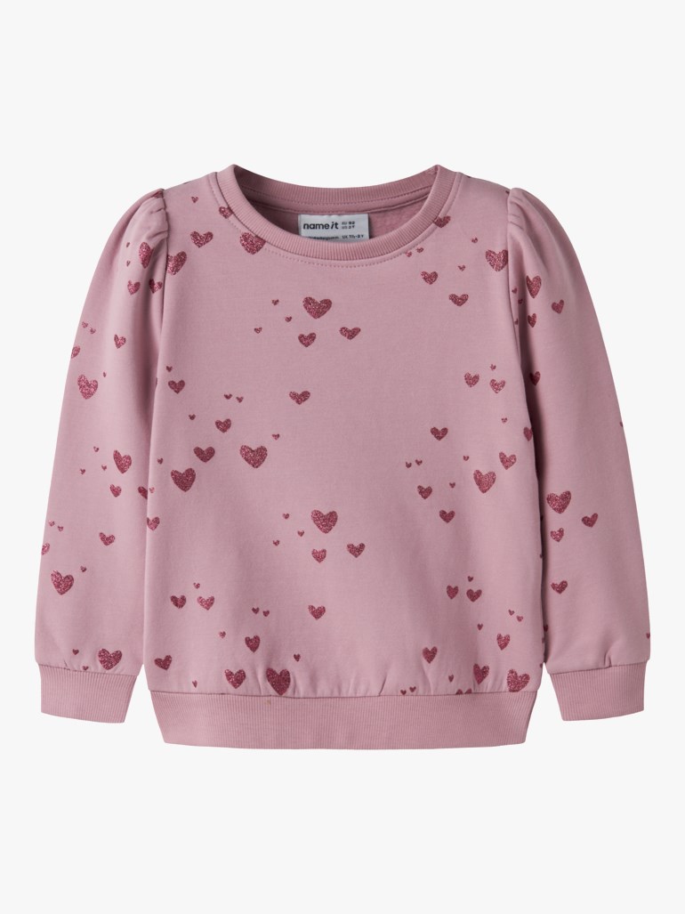 Barns støvrosa langermet genser med puffermer, rund hals og glitrende hjerteprint.