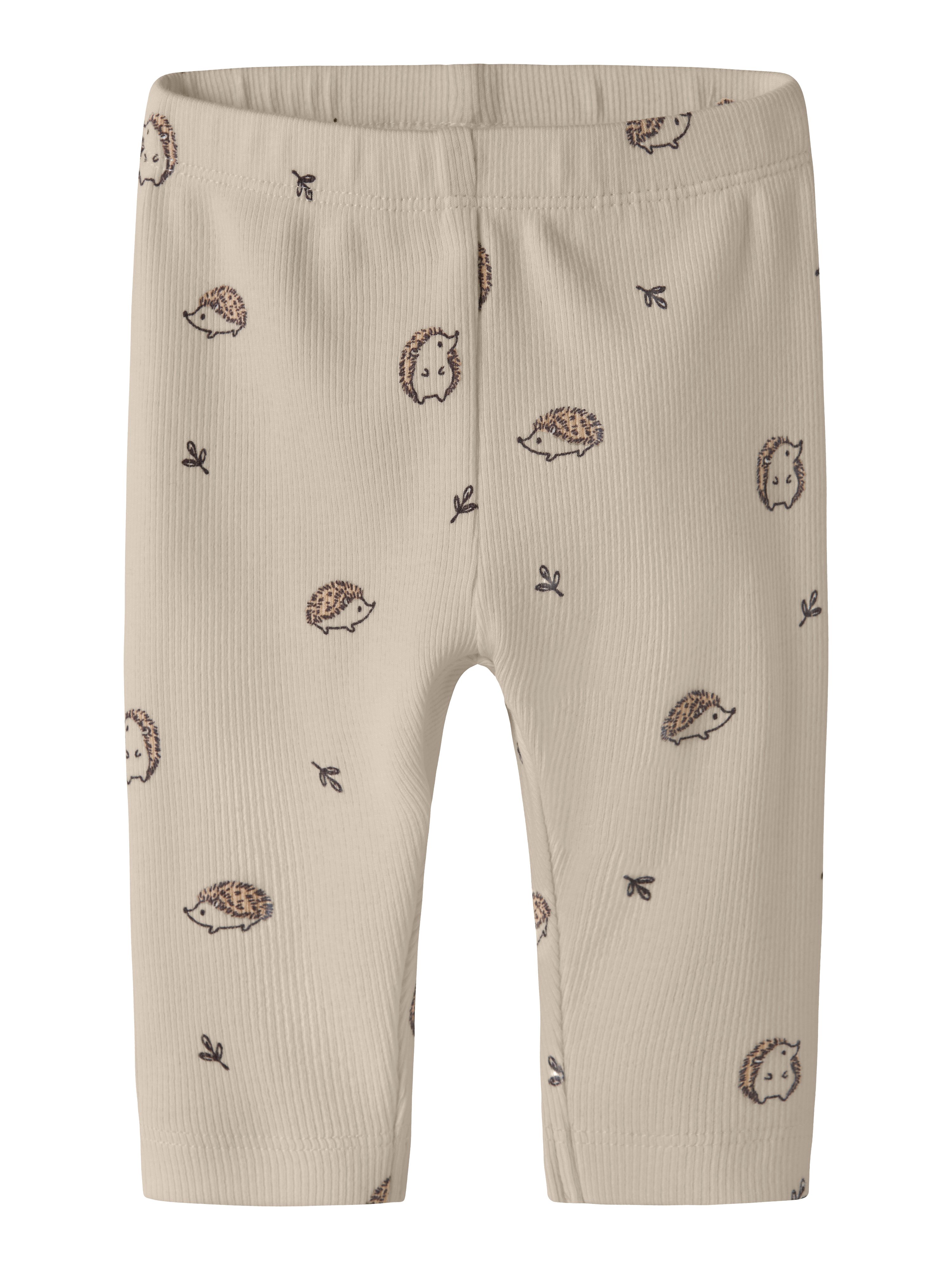 Forsiden av beige ribbestrikkede baby-leggings med elastisk midje og brunt pinnsvin- og bladmønster.