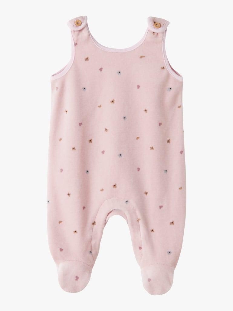 Rosa babyheldress med små flerfargede blomstermønster og knappelukking på skuldrene.