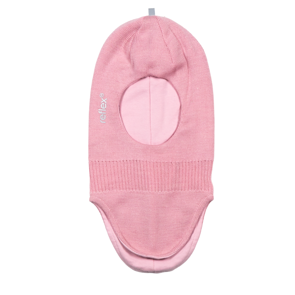 Rosa strikket barnebalaklava med ansiktsåpning og 'Reflex' logo, forfra.