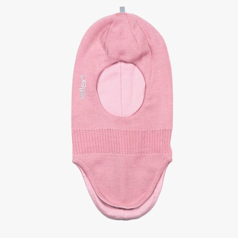 Rosa strikket barnebalaklava med ansiktsåpning og 'Reflex' logo, forfra.