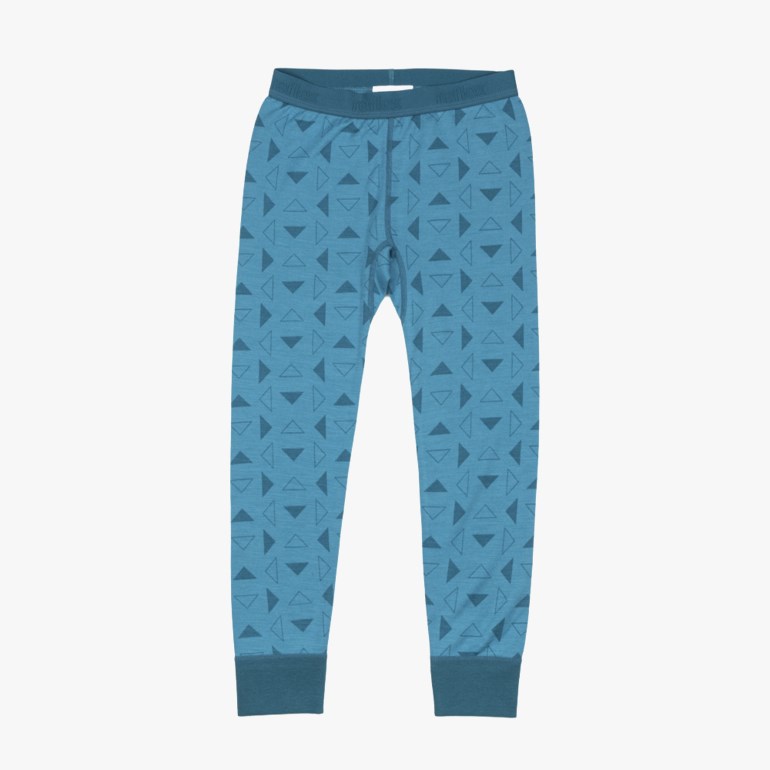 Barnes blå leggings med mørkeblått trekantmønster, med ribbet linning og mansjetter, sett forfra.