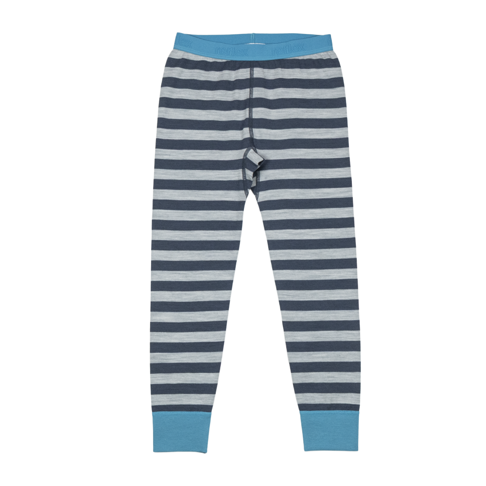 Stillongs for barn med blå og grå striper, blå linning og mansjetter, sett forfra.