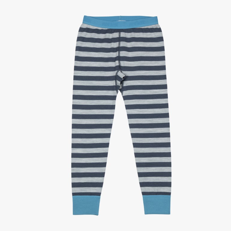 Stillongs for barn med blå og grå striper, blå linning og mansjetter, sett forfra.