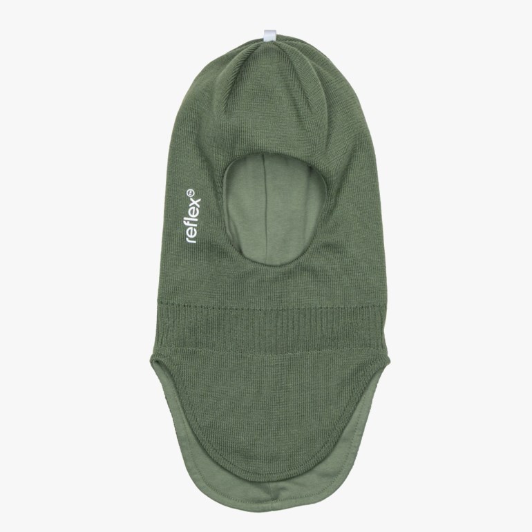 Grønn strikket balaklava med oval ansiktsåpning, vist i et flatt frontbilde.