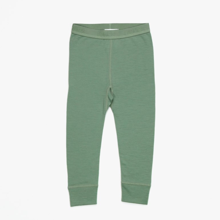 Barns salviegrønne ribbestrikkede merinoullsleggings med 'reflex' logo i midjen, forfra.