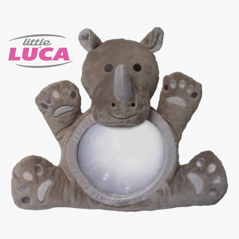 Grå plysj neshorn med rund hvit lysprojektor på magen og detaljerte poter.