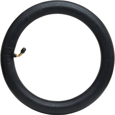 Svart gummi sykkelslange med messingventil og svart hette.